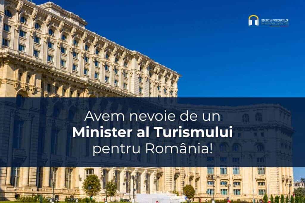Clădire monumentală cu mesaj despre turism în România.